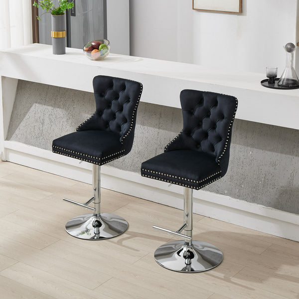English Elm Thick Velvet Swivel Barstools Adjustable 25-33" Height with 17.7" Chrome Base, Tufted Diamond Pleat Elegance Black W1143P335042