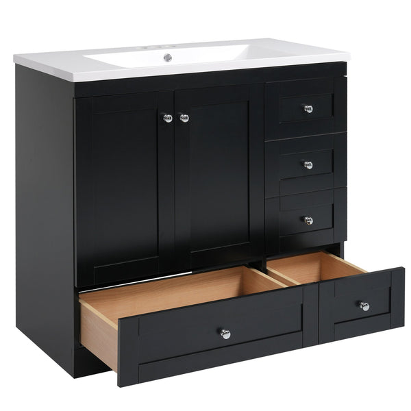 English Elm 36 Inch Shaker Style Free-Standing Bathroom Vanity Cabinet with Resin Sink, Soft-Close Storage Elegance Black SV000021AAB