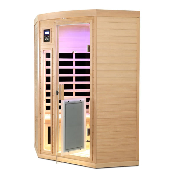 English Elm Low Emf Two Person Far Infrared Corner Sauna in Hemlock Wood with Glass Door Panel W632S00027