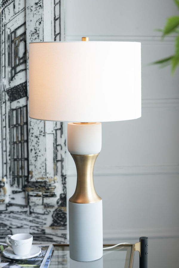 English Elm 15x15x30" Cement With Metal Table Lamp — Modern Cylindrical Concrete Base, Brass Band Accent, White Drum Shade W2078P324062