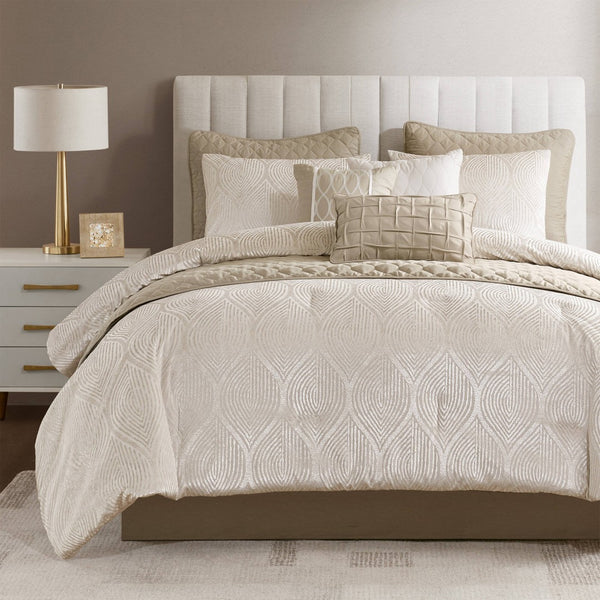 English Elm 10-piece California King Velvet Jacquard Comforter Set Layered Bedding with Microfiber Shams Champagne B035P482942