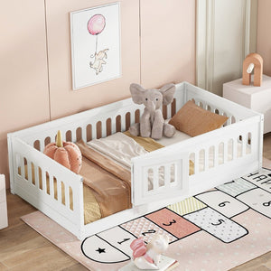 English Elm Twin Size Floor Bed With Safe Guardrails & Playful Door - Solid Wood Bedframe For Kids’ Rooms W1820P240538-GIGA