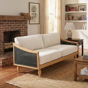 English Elm Mid-century Loveseat with Rattan Armrests Chenille Upholstery and Rubberwood Legs N763P379762Z