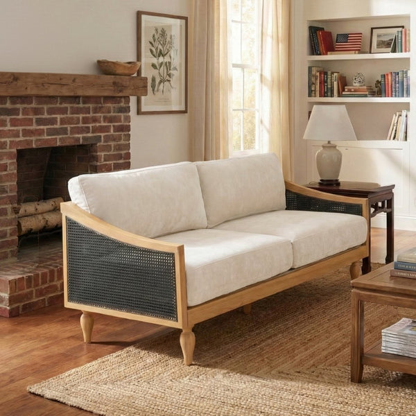English Elm Mid-century Loveseat with Rattan Armrests Chenille Upholstery and Rubberwood Legs N763P379762Z