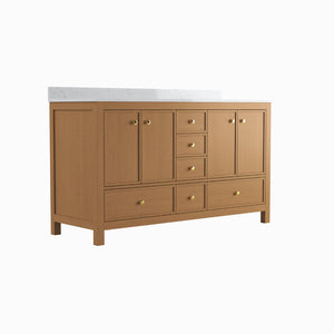 English Elm 60" Double Sink Vanity Solid Wood Cabinet Carrara Marble Top Brown Oak Finish T3785P442245