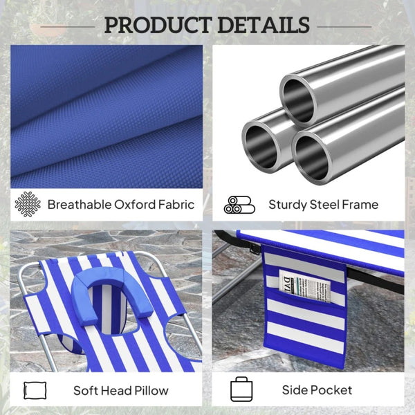 English Elm Handy Tri-fold Outdoor Lounger with Face Cavity Steel Frame Oxford Fabric Tanning Bed Blue Stripe T3971P481331