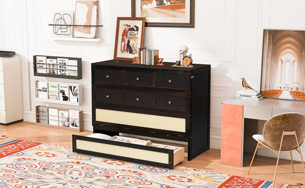 English Elm Full Size Murphy Wall Bed Cabinet with Rattan Panel Detailing and Storage Drawers Espresso N708P336203P