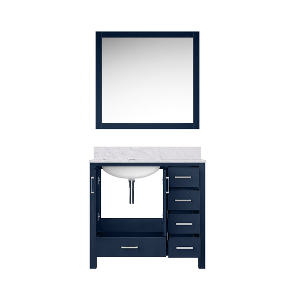 English Elm Navy Blue Bath Vanity With Left-Offset Carrara Marble Top & 34" Mirror - Stylish Storage Solution! B2731S00691