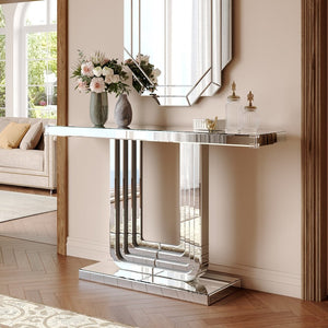 English Elm Mirrored Console Table Silver Glam Entryway Piece with Geometric U Base and Etched Detail W1445P370476