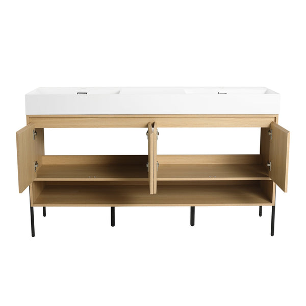 English Elm 60" Oak Bathroom Vanity Combo with Resin Basin, 4-Door Storage, Multi-Layer Wood Frame, Modern Elegance W1972S00011