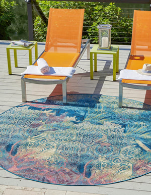 Unique Loom Outdoor Coastal Edgartown Machine Made Floral / Botanical Rug Multi, Blue/Ivory/Light Blue/Navy Blue/Pink/Beige 7' 10" x 7' 10"