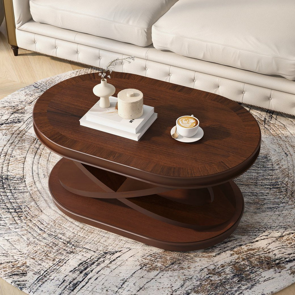 English Elm 44 Inch Oval Coffee Table with X-Base, 2.6" Thick Solid Wood Veneer Top, Rounded Corners, 132lb Capacity Walnut W1202P289353
