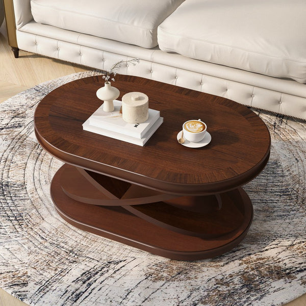 English Elm 44 Inch Oval Coffee Table with X-Base, 2.6" Thick Solid Wood Veneer Top, Rounded Corners, 132lb Capacity Walnut W1202P289353
