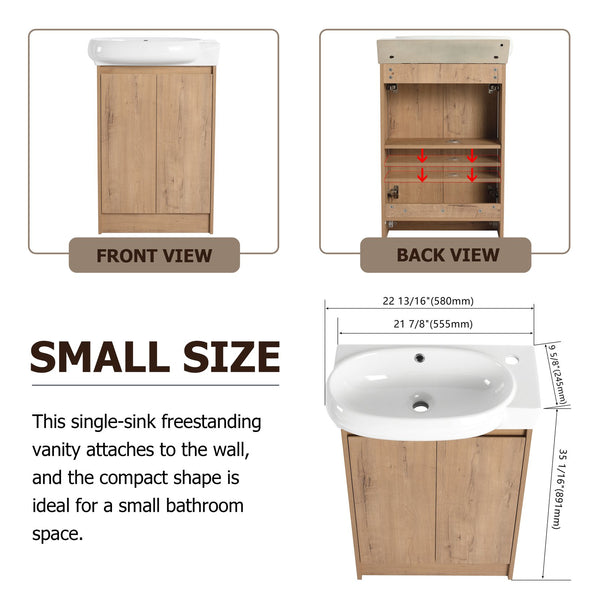 English Elm 23" Freestanding Bathroom Vanity with Ceramic Vessel Sink, Soft-Close Doors, Adjustable Shelf Storage Imitative Oak W999P206106