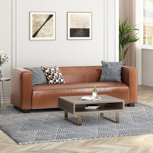 English Elm Light Brown Leather Three Seat Sofa with Dark Wood Legs for Modern Living Rooms N770P387768E