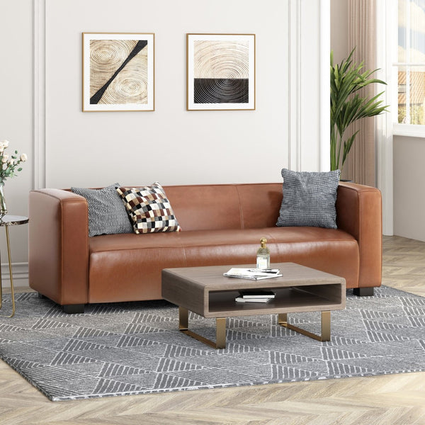 English Elm Light Brown Leather Three Seat Sofa with Dark Wood Legs for Modern Living Rooms N770P387768E