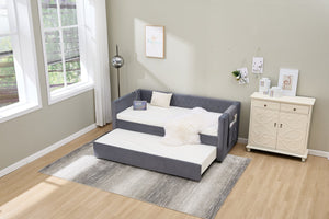 English Elm Grey velvet daybed with diamond-grid pull-out trundle, modern velvet finish, sturdy wooden frame for guest-ready style W1361S00032