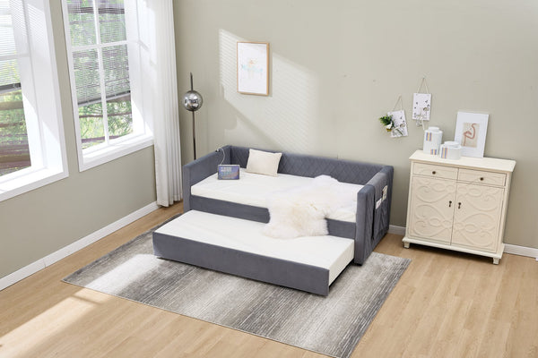 English Elm Grey velvet daybed with diamond-grid pull-out trundle, modern velvet finish, sturdy wooden frame for guest-ready style W1361S00032