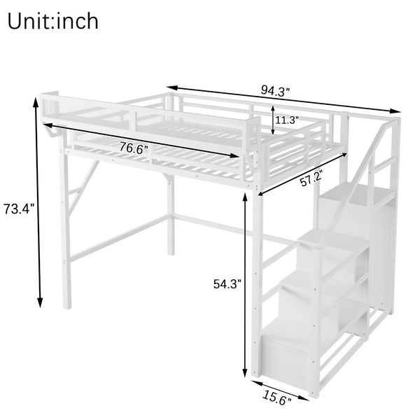 English Elm Full Size Metal Loft Bed with Stair Wardrobe and Shelves for Kids Teen Rooms W2580S00056