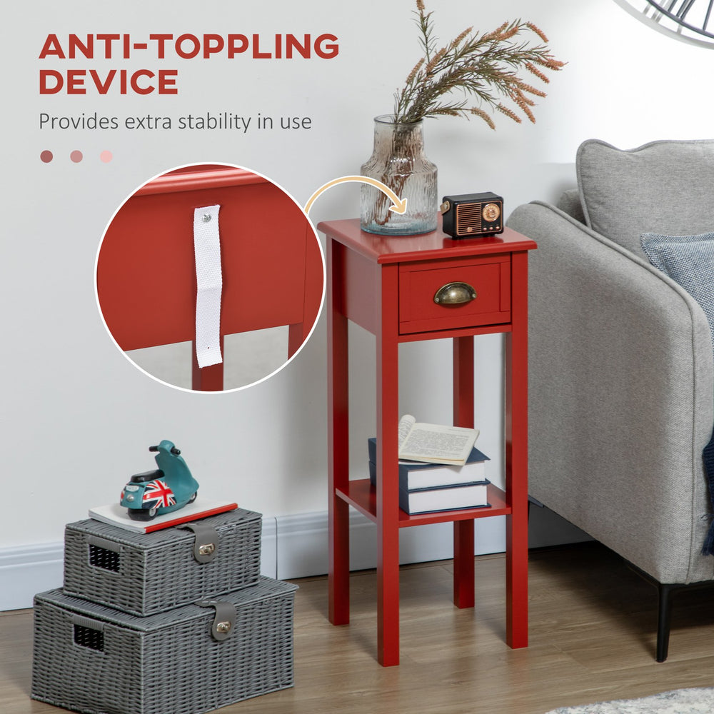 English Elm HOMCOM Narrow 2-Tier Side Table with Drawer and Elevated Shelf — Slim Accent End Table, Sturdy Storage Red W2225P200906