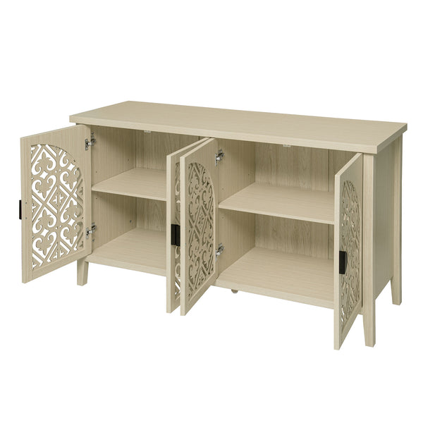 English Elm Hollowed-out Cabinet 4-Door Natural Finish with Carved Panels, Adjustable Shelves, Lockable Support, Solid Wood Feet W688P238047
