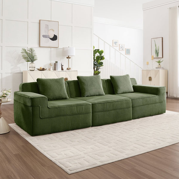 English Elm Modular 3-Seat Boneless Sofa - Luxurious Cloud Sectional Couch In Soft Green Corduroy Fabric W3041S00331