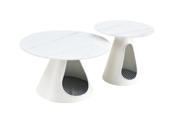 English Elm set of 2 marble-look round coffee tables with steel bases and built-in cozy cat beds for space-saving style White W370S00047