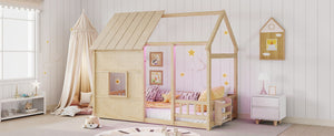 English Elm Twin House Frame Floor Bed Pinewood Build with Led Roofline Kids Bedroom Natural W697P435882