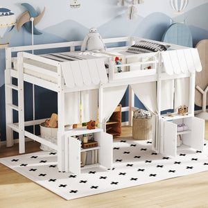 English Elm Full Loft Bed With Bookshelf & Storage - Amusement Park Design, Safety Guardrails, Cozy White Finish W1580S00358