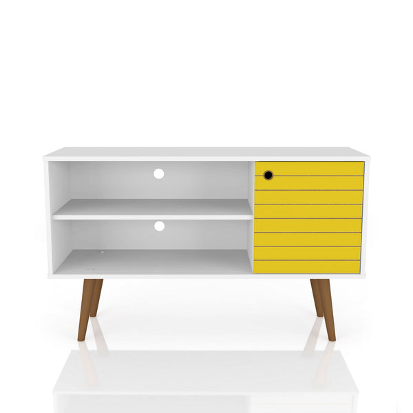 English Elm Liberty 43" TV Stand with Splayed Solid Wood Legs, Wire Management, Open Shelves & Concealed Storage Yellow+White B365P398332