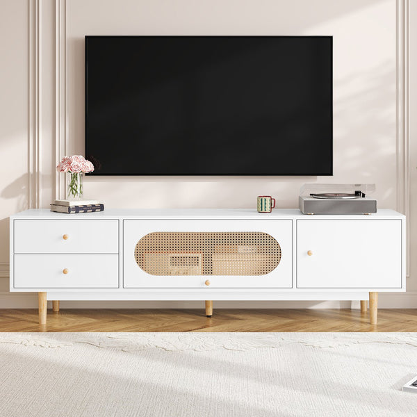 English Elm 70 Modern TV Stand for TVs up to 80" with Rattan Accents, Smooth Drawers, Flip-Up Storage, Durable Design White N710P339470W