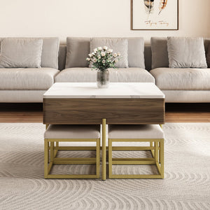 English Elm Modern Square Lift-Top Coffee Table Set with Hidden Storage, 4 Tuck-Away Ottomans, White Walnut Elegance CH192954AAK