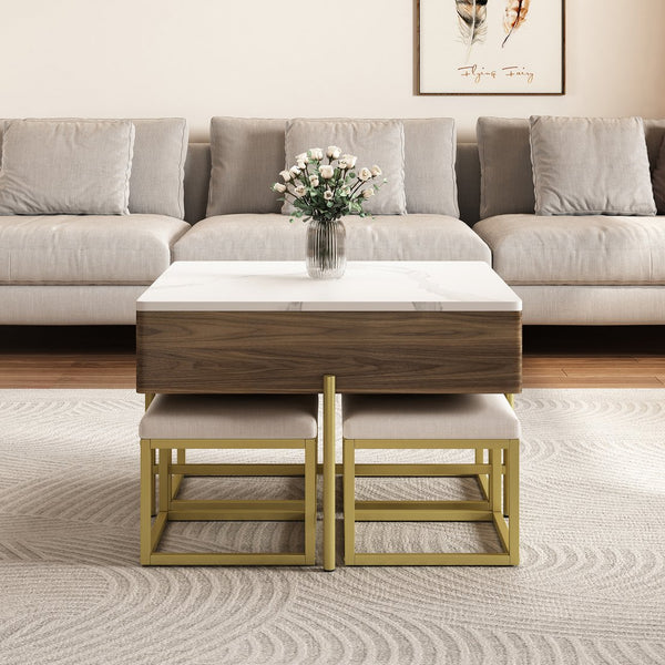 English Elm Modern Square Lift-Top Coffee Table Set with Hidden Storage, 4 Tuck-Away Ottomans, White Walnut Elegance CH192954AAK