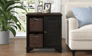 English Elm U Can Louvered End Table with Woven Grass Baskets Ottoman Legs Farmhouse Storage Black N724P401353B
