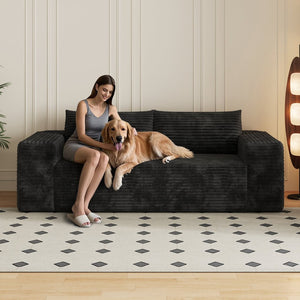 English Elm 78.8" Corduroy Three Seat Sofa Deep Cushioned Low Profile Couch for Modern Living Rooms Black W2824P409862