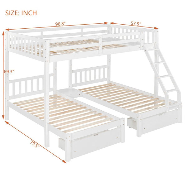 English Elm Full Over Twin Triple Bunk Bed Pine Wood Frame with Storage Drawers and Guardrails LT000343AAK-1