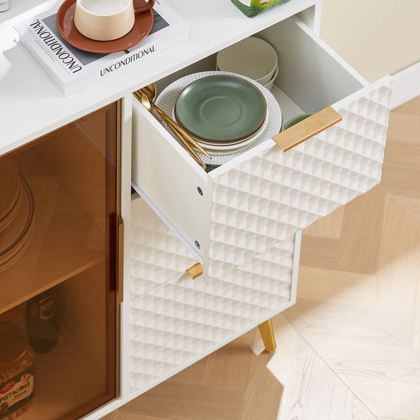 English Elm Deluxe Modern Carved Chest of Drawers with Tempered Glass Doors, 3 Drawers + 2 Compartments, Sleek Metal Legs White W1162P295364