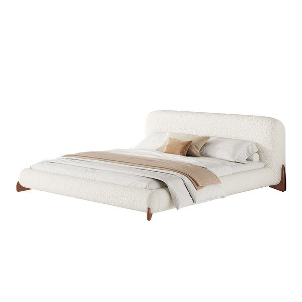 English Elm King Boucle Upholstered Platform Bed Sculpted Headboard Solid Wood Legs Bedroom N757K333334W