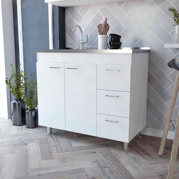 English Elm Darien White Base Cabinet with Faucet Hole, Double Door & 3 Drawers, 39.37"W x 35.43"H Stylish storage B128S00040