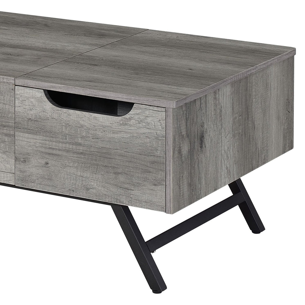English Elm Throm Gray Oak Lift-Top Coffee Table with Hidden Storage Drawer, Industrial Splayed Iron Legs — Modern centerpiece B2726P251671