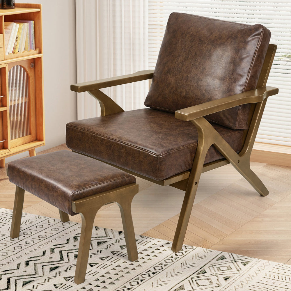 English Elm Mid-Century PU Leather Accent Chair with Ottoman — Ergonomic Thick Upholstery, Flared Legs, Durable Comfort Brown T3950P397488