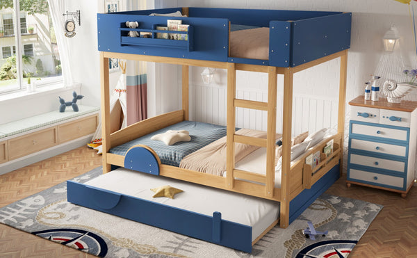 English Elm Full Bunk Bed with Trundle Bookshelf Storage Pine Frame Car Design for Kids Blue,Natural W1580S00445