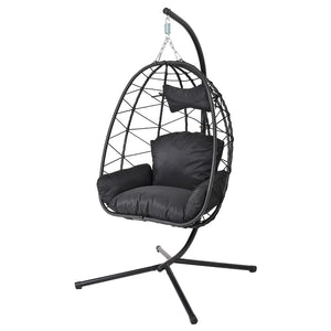 English Elm Hanging Egg Chair with Stand Pe Wicker Ergonomic Swing Seat for Patio or Bedroom T5880P497553