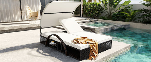English Elm U_style Outdoor Double Sun Lounger Hdpe Wicker Steel Frame with Canopy Pop up Tables Beige WY000485AAA