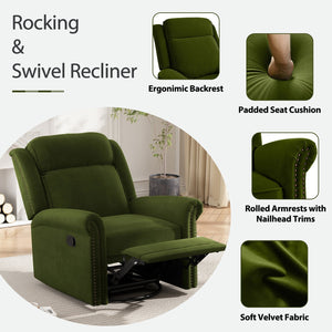 English Elm Christopher Knight Home® - 360° Swivel Recliner Plush Velvet Manual Rocker with Infinite Recline Support for Living Room Comfort Green N763P202666E