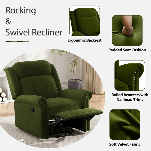English Elm Christopher Knight Home® - 360° Swivel Recliner Plush Velvet Manual Rocker with Infinite Recline Support for Living Room Comfort Green N763P202666E