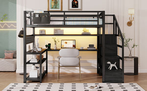 English Elm Full Size Steel Loft Bed with Staircase Storage Wardrobe Desk and Led Lighting Black W2593S00079