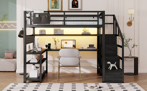 English Elm Full Size Steel Loft Bed with Staircase Storage Wardrobe Desk and Led Lighting Black W2593S00079