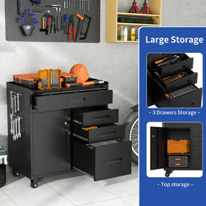 English Elm 34.3" Rolling Steel Tool Cabinet with 3 Drawers Lockable Doors and Pegboard Side Panels T2398P442674
