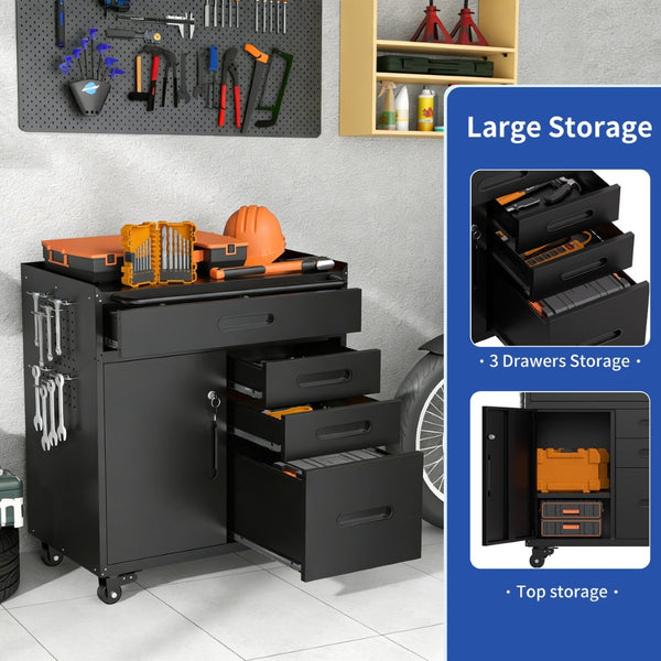 English Elm 34.3" Rolling Steel Tool Cabinet with 3 Drawers Lockable Doors and Pegboard Side Panels T2398P442674